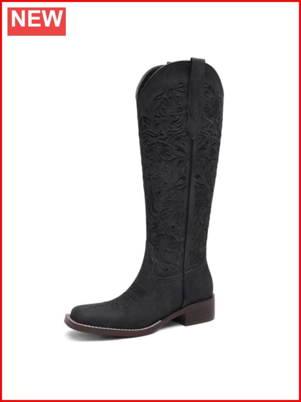 Knee High Embroidered Cowboy Boots Square Toe Low Heel Pull On Western Boots